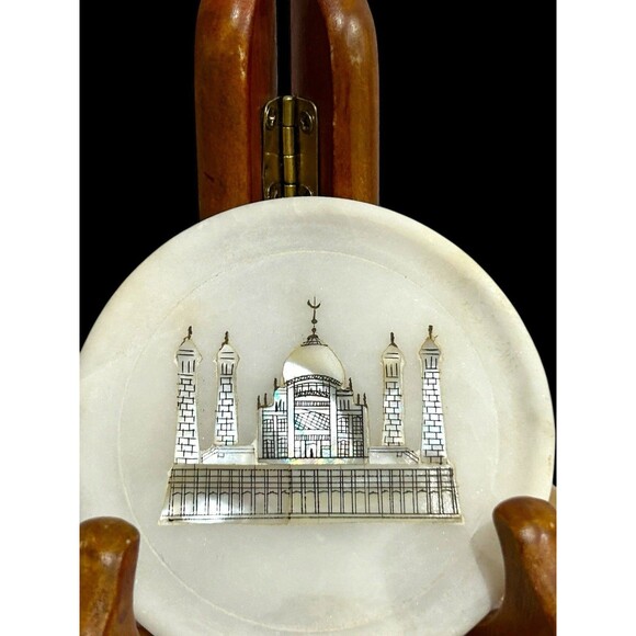 Vtg Alabaster & Mother Of Pearl Taj Mahal Trinket Plate Coaster 3" No Cracks - Picture 2 of 5